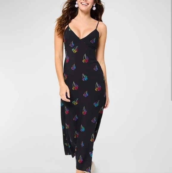 New TEREZ Halftone Cherry Print V-Neck Spaghetti Straps Black Maxi Dress NWT - Picture 3 of 7